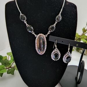 Silver Plate Banded Black Onyx Necklace Earrings Set